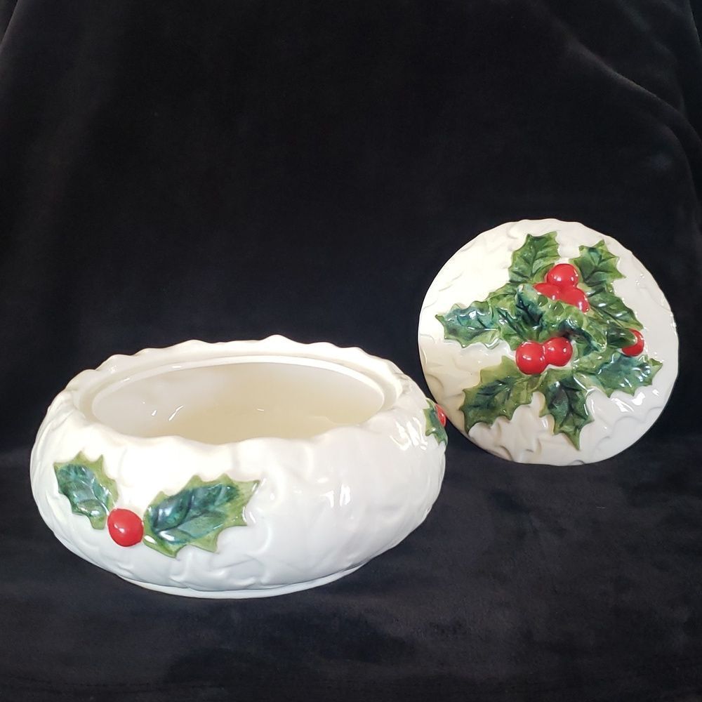 Festive Holiday Ceramic Dish with Holly Design